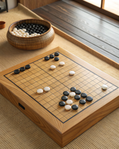 Traditional Japanese Go Board with Black and White Stones on Tatami Mat – Authentic Go Game Setup Japanese Go board with wooden grid and black and white stones on a tatami mat, featuring a wooden bowl filled with stones near a traditional wooden table.