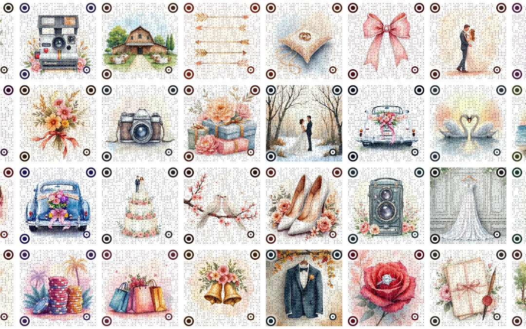 Collage of artistic wedding QR codes featuring romantic watercolor illustrations, perfect for invitations and event details.