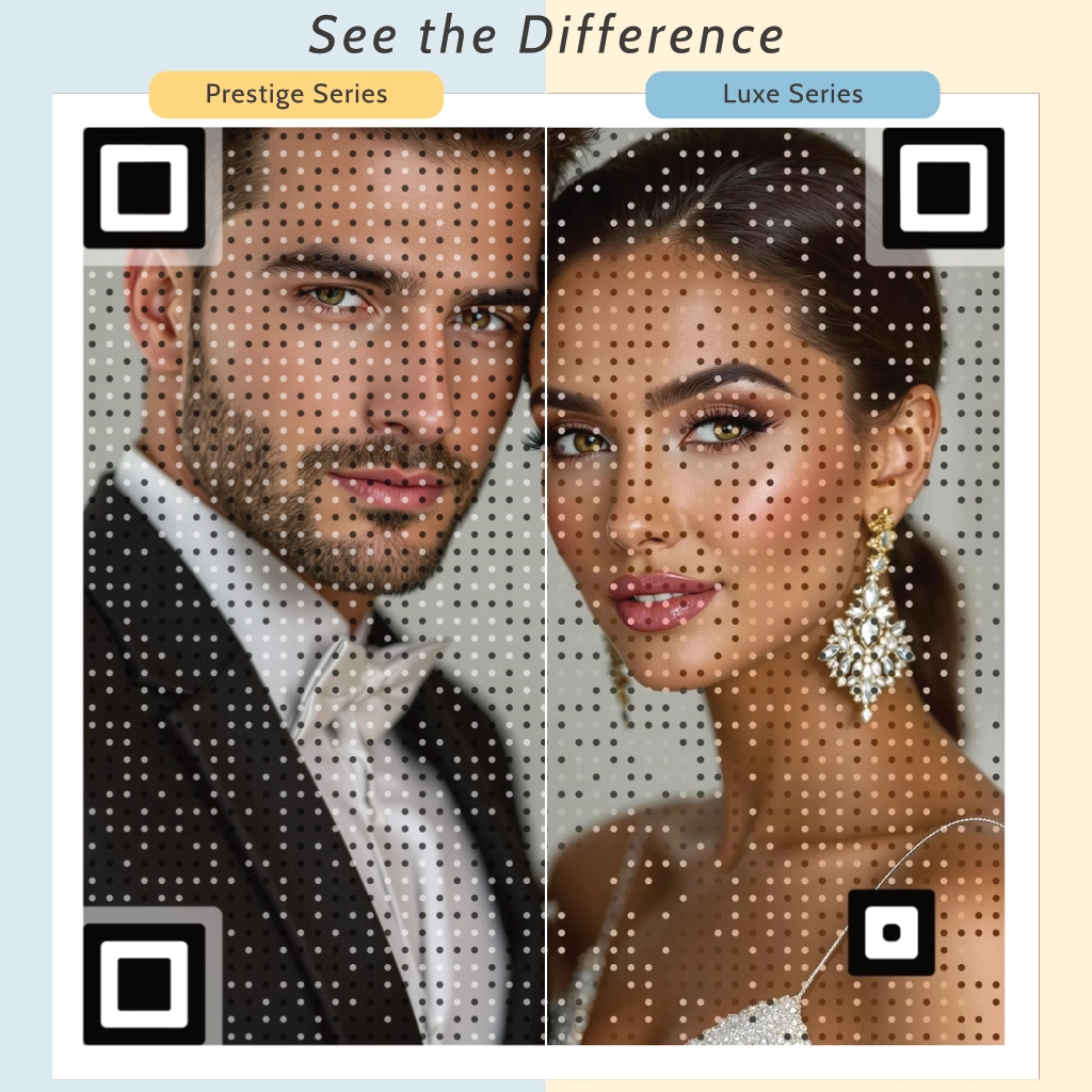 Side-by-side comparison of Prestige and Luxe series QR codes, highlighting the enhanced clarity, precision, and seamless design for custom wedding QR codes.