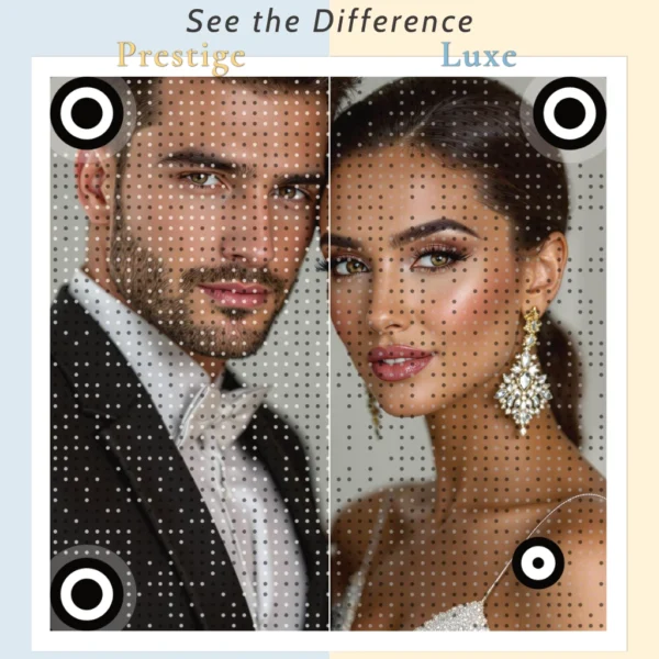 Side-by-side comparison of Prestige and Luxe series QR codes, highlighting the enhanced clarity, precision, and seamless design for custom wedding QR codes.