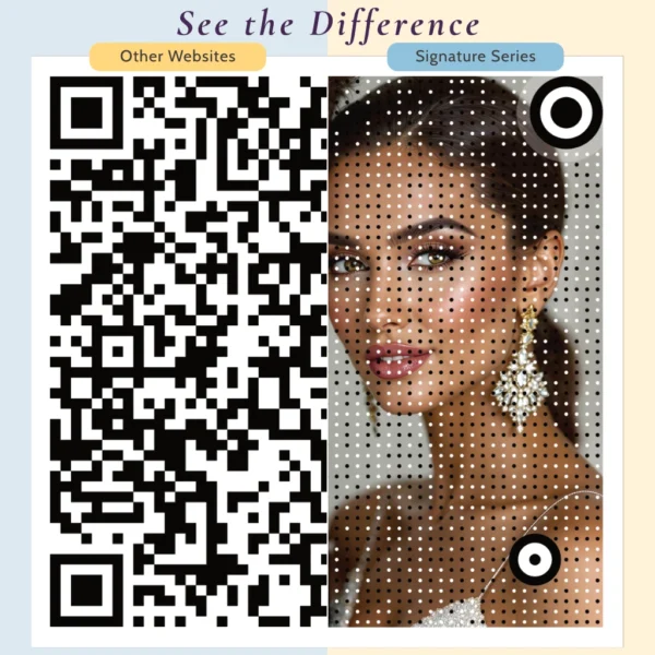 Side-by-side comparison of a standard black-and-white QR code from other websites vs. a Signature Series artistic QR code from BridalQRCodes.com, featuring a refined design.