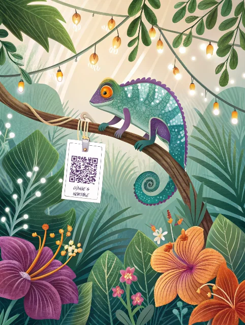Dynamic QR Code Hanging from a Tree Branch with Chameleon in Jungle Illustrated chameleon with a dynamic QR code tag in a tropical jungle