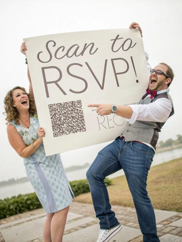 Excited couple holding a giant wedding RSVP sign with a QR code for digital RSVPs.