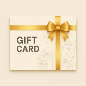 Elegant gold ribbon wedding gift card with presents in the background.