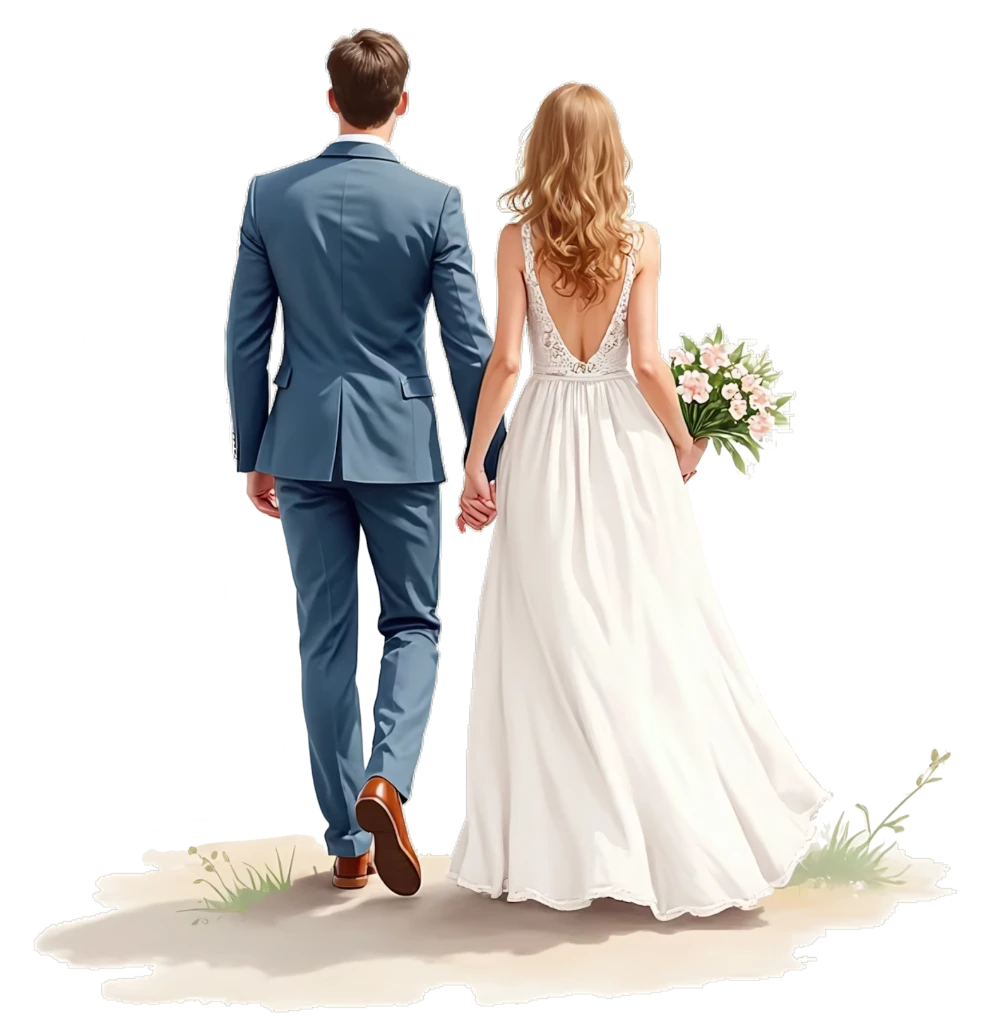 Elegant watercolor illustration of a newlywed couple walking hand in hand, the bride in a flowing white gown and the groom in a tailored blue suit, symbolizing love and commitment.