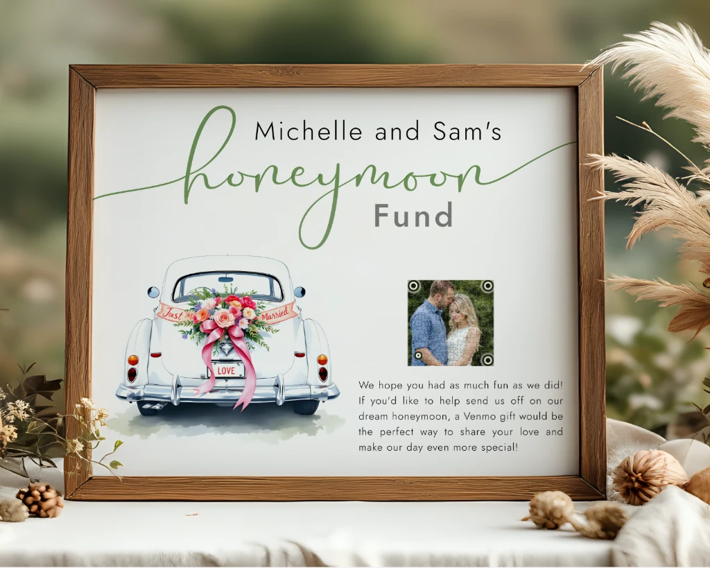 Rustic honeymoon fund QR code sign with a watercolor vintage car and floral decor.