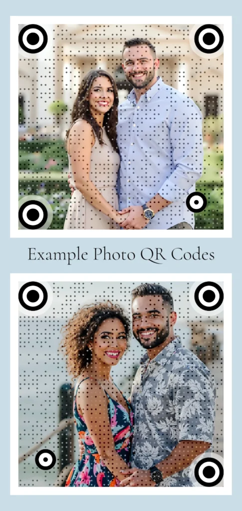 Personalized QR codes featuring engagement photos of couples, perfect for wedding invitations and digital RSVPs