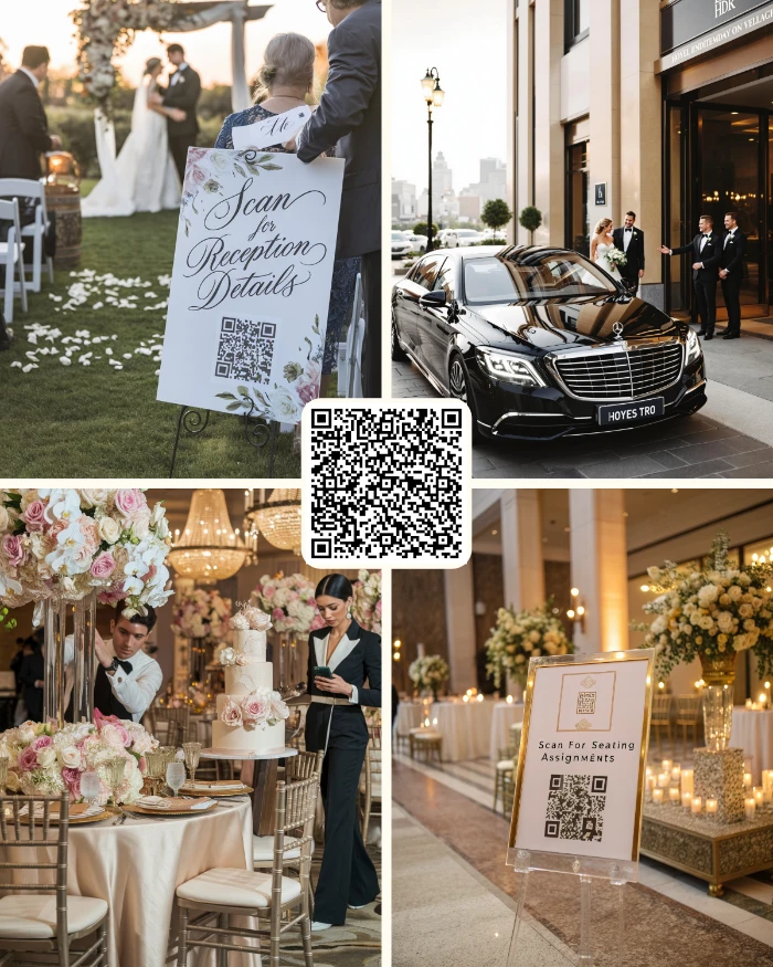 A collage of wedding logistics featuring QR code signage for reception details and seating assignments, luxury wedding transportation with a black Mercedes, and event staff setting up a grand ballroom reception with floral arrangements and a tiered cake.