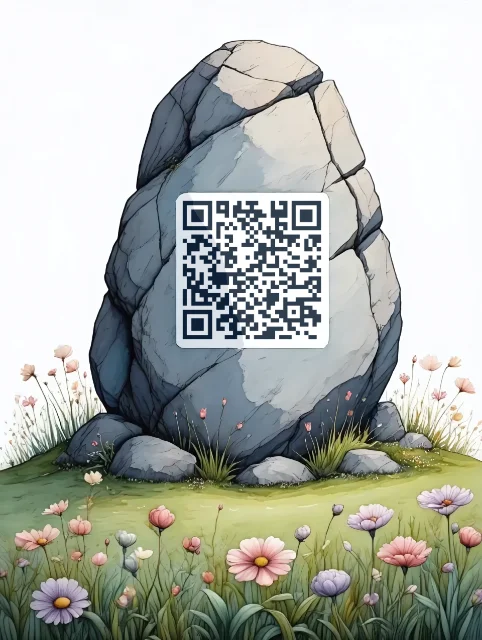 Static QR Code Engraved on Stone Illustration Illustrated stone monument with engraved QR code surrounded by wildflowers