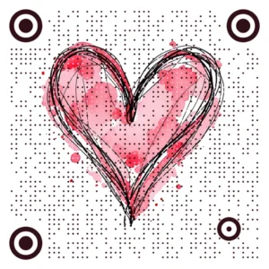 Artistic wedding QR code with a hand-drawn watercolor heart in shades of red and pink.