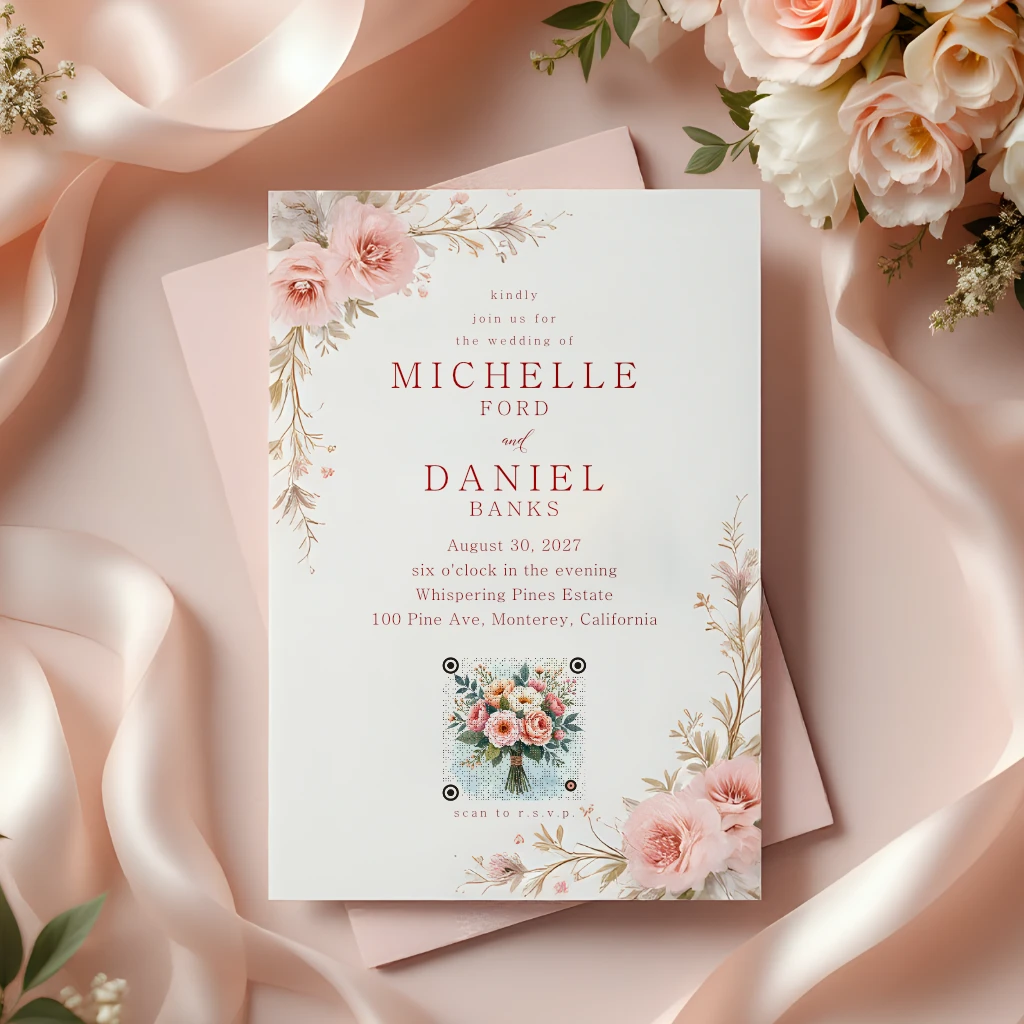 Elegant Blush Floral Wedding Invitation with QR Code for RSVP Elegant blush pink floral wedding invitation with QR code RSVP.