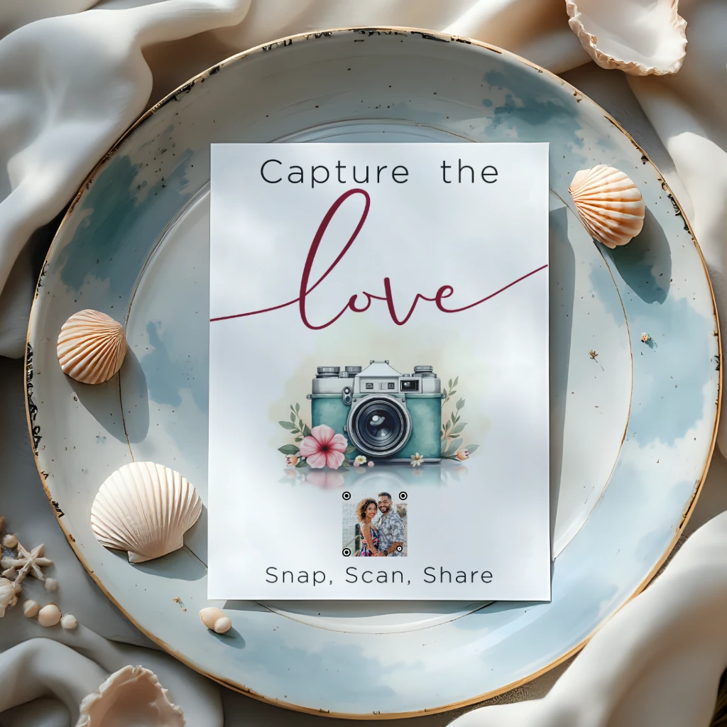 Capture the Love Wedding QR Code Sign with Vintage Camera and Coastal Theme Capture the Love wedding QR code sign with vintage camera and seashell decor.