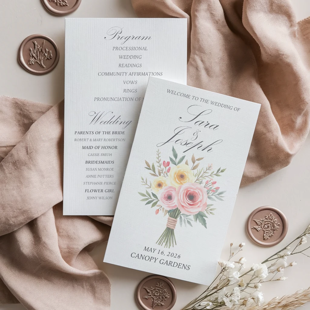 A delicate wedding invitation and program set featuring soft floral watercolor artwork and elegant calligraphy, placed on a neutral fabric backdrop with wax seals and dried flowers.