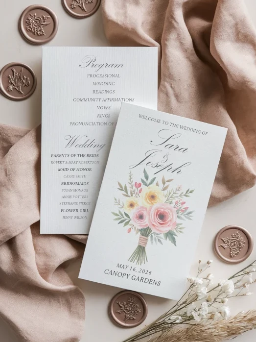 A delicate wedding invitation and program set featuring soft floral watercolor artwork and elegant calligraphy, placed on a neutral fabric backdrop with wax seals and dried flowers.