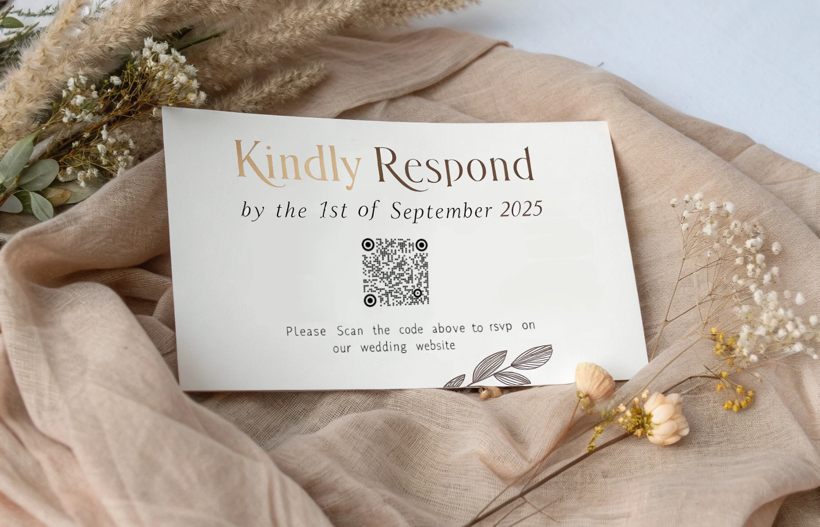 Boho Wedding QR Code RSVP Card – Elegant Digital RSVP Elegant boho-style wedding RSVP card with a QR code, featuring warm neutral tones, soft beige fabric, and dried florals.