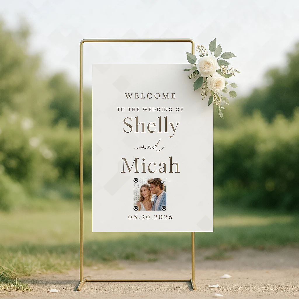 Outdoor Wedding Welcome Sign with QR Code for young couple. Elegant outdoor wedding welcome sign for Shelly and Micah with floral accents and QR code.